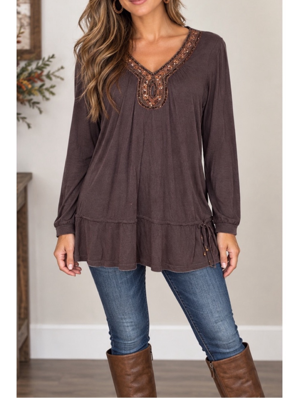 INC international concepts dark brown long-sleeve tunic top, Small